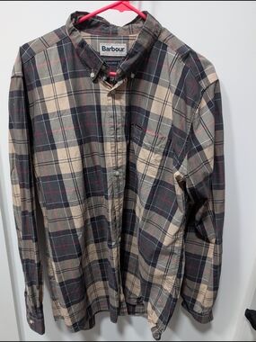 Barbour Beige, Navy and Red Plaid Button-Down Shirt
